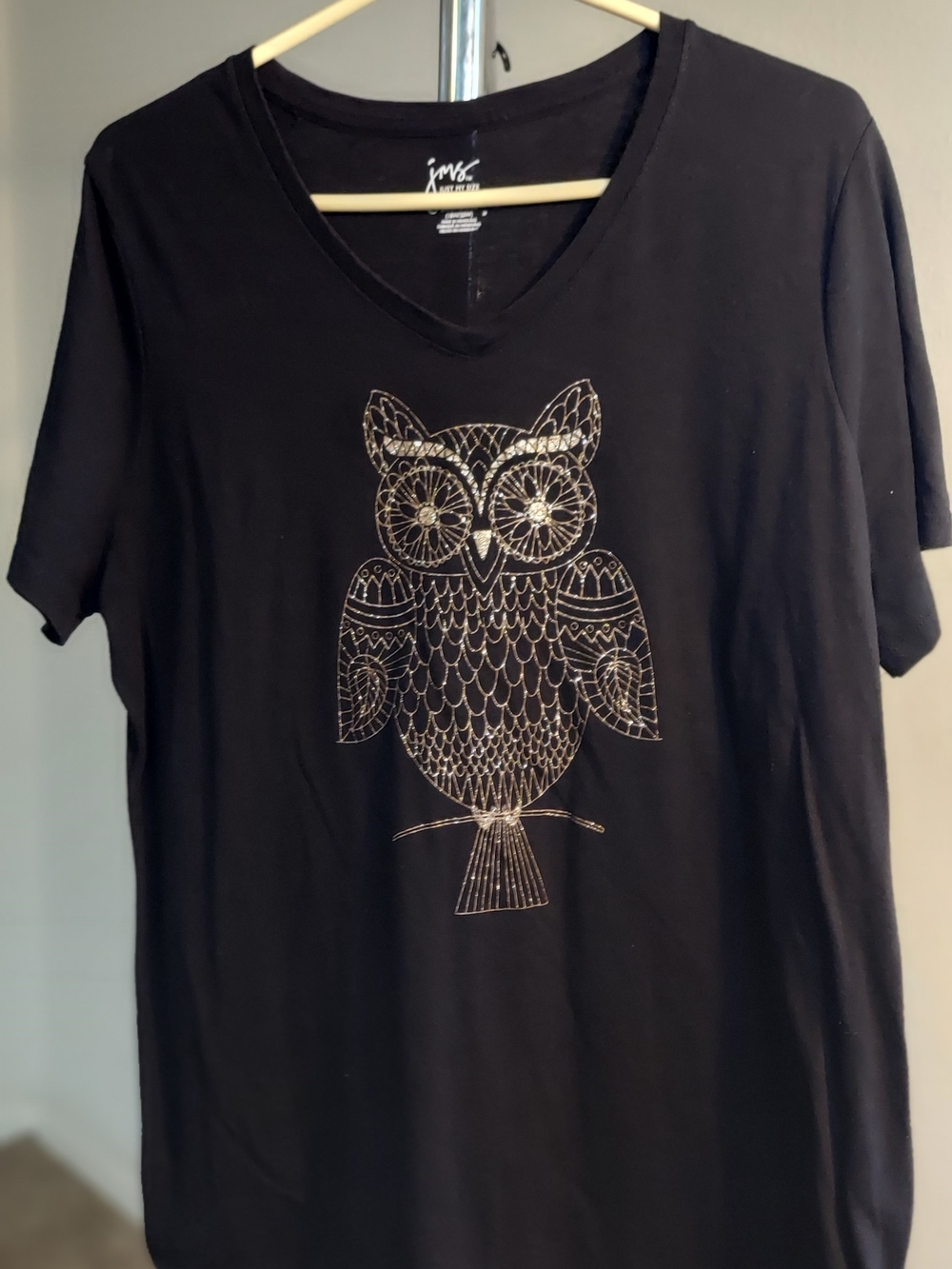 Just My Size Black Short Sleeve V-Neck Tee with Gold Owl Design